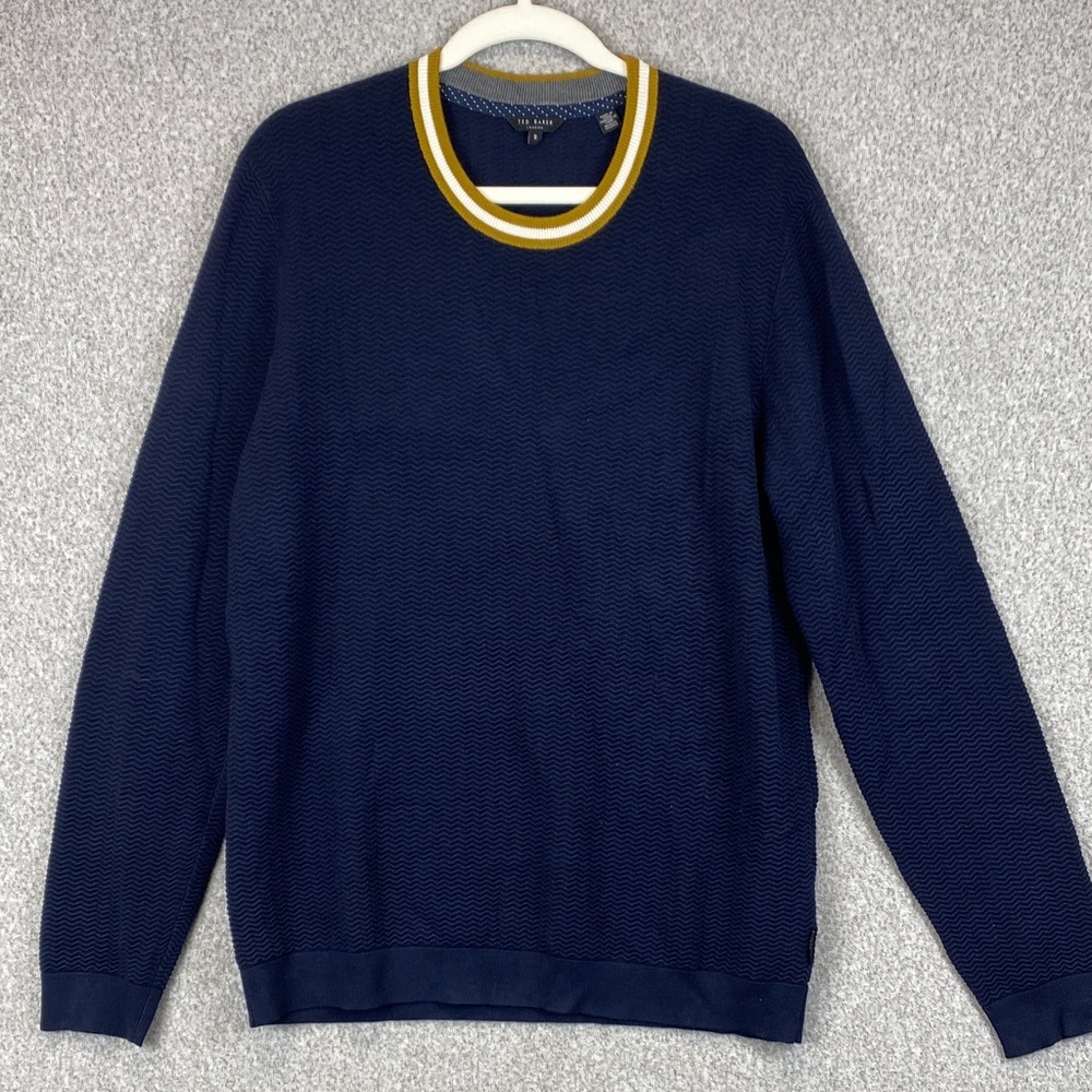 Ted Baker ribbed sweater Size 5 or Large/XL varsity stripe trim crew neck
